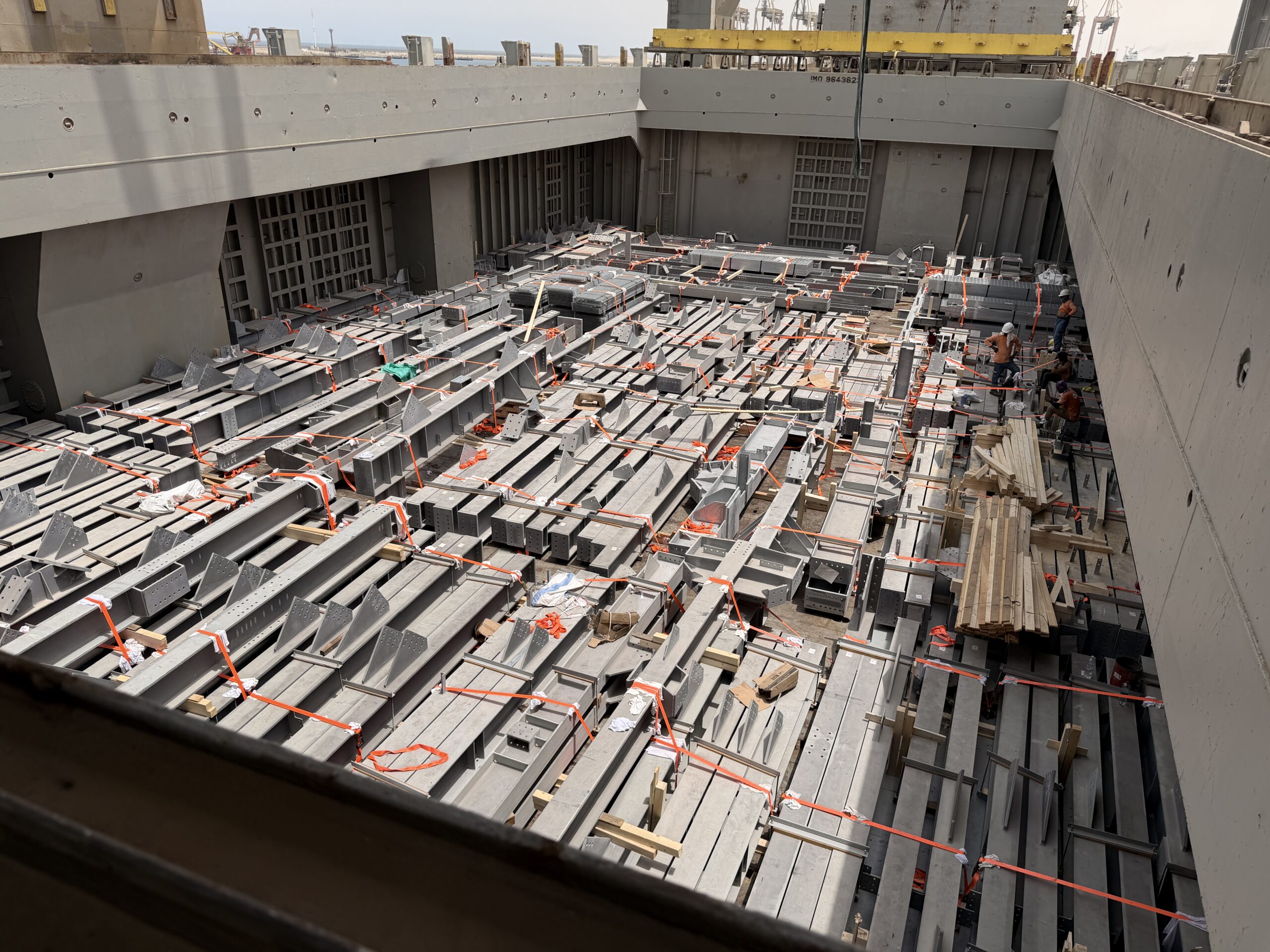 Fabricated steel structures stowed, dunnaged and lashed in the hold of M/V Thorco Liva