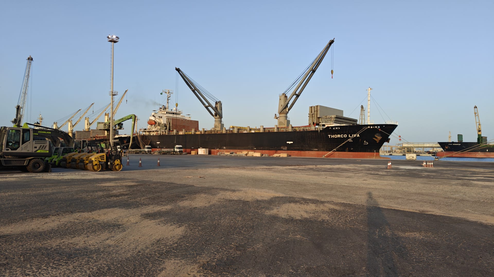 General cargo vessel M/V Thorco Liva alongside at King Abdullah Port, Saudi Arabia during project cargo loading
