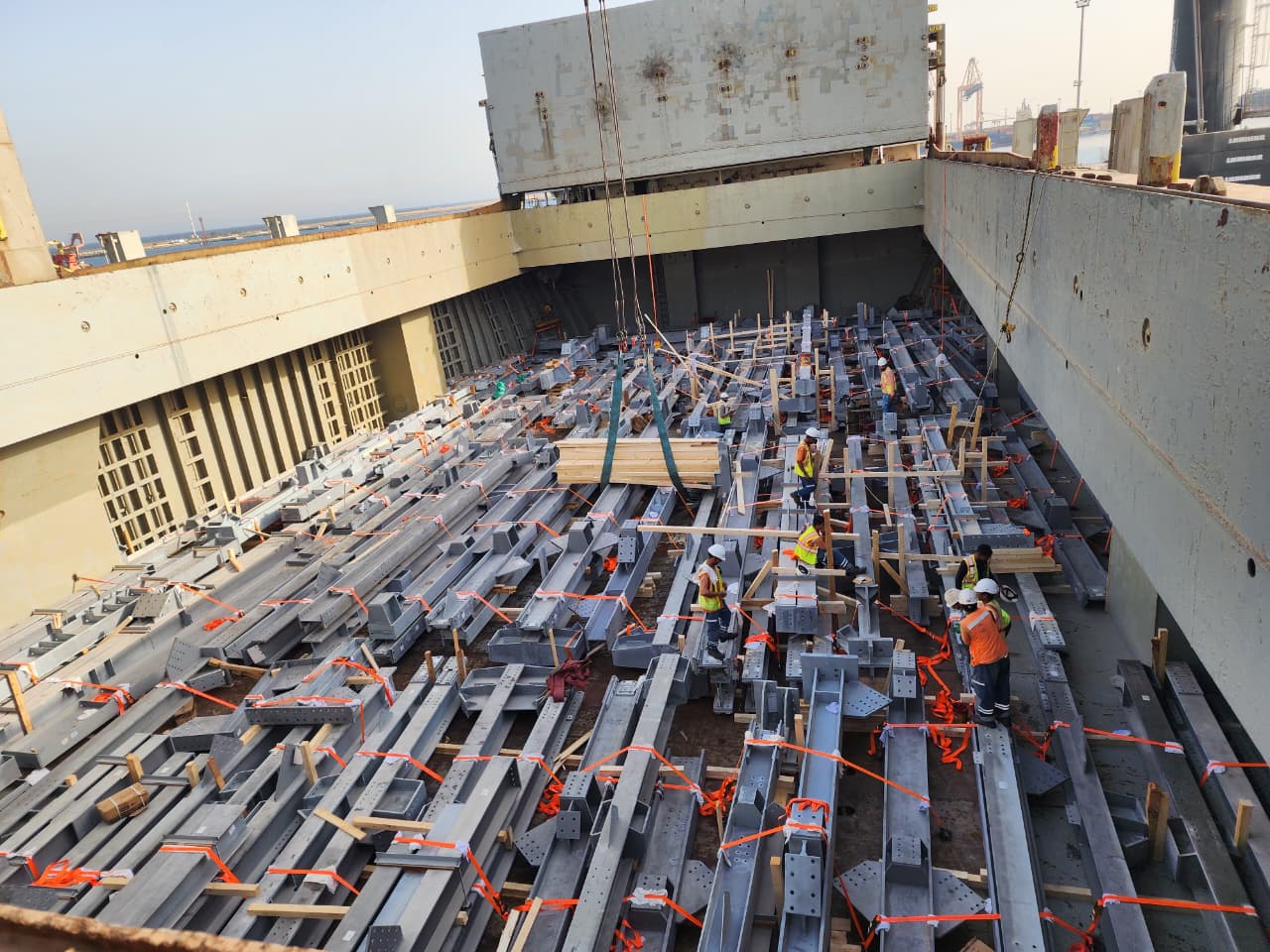 Steel structures fully stowed, dunnaged and lashed in the hold of M/V Thorco Liva ready for the ocean passage