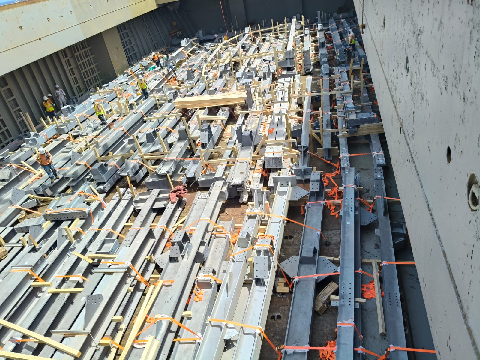 Completed stow of project cargo with dunnage and lashings in the hold of M/V Thorco Liva before departure