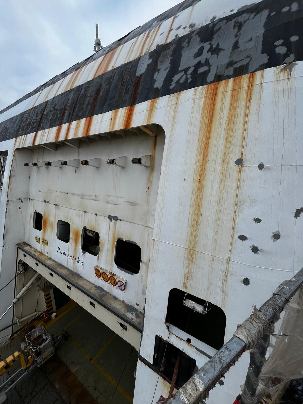 Aft and stern ramp area showing critical conditions before restoration